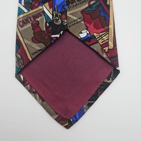 Rooster Novelty Tie Postage Stamps Burgundy Silk 56.6" - Picture 4 of 6
